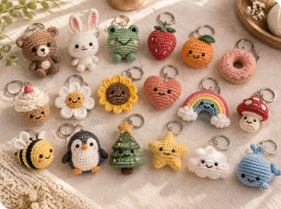 A collection of colorful handmade amigurumi keychains