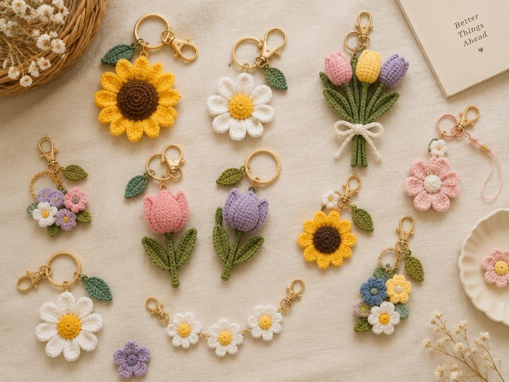 Flowers crochet keychains