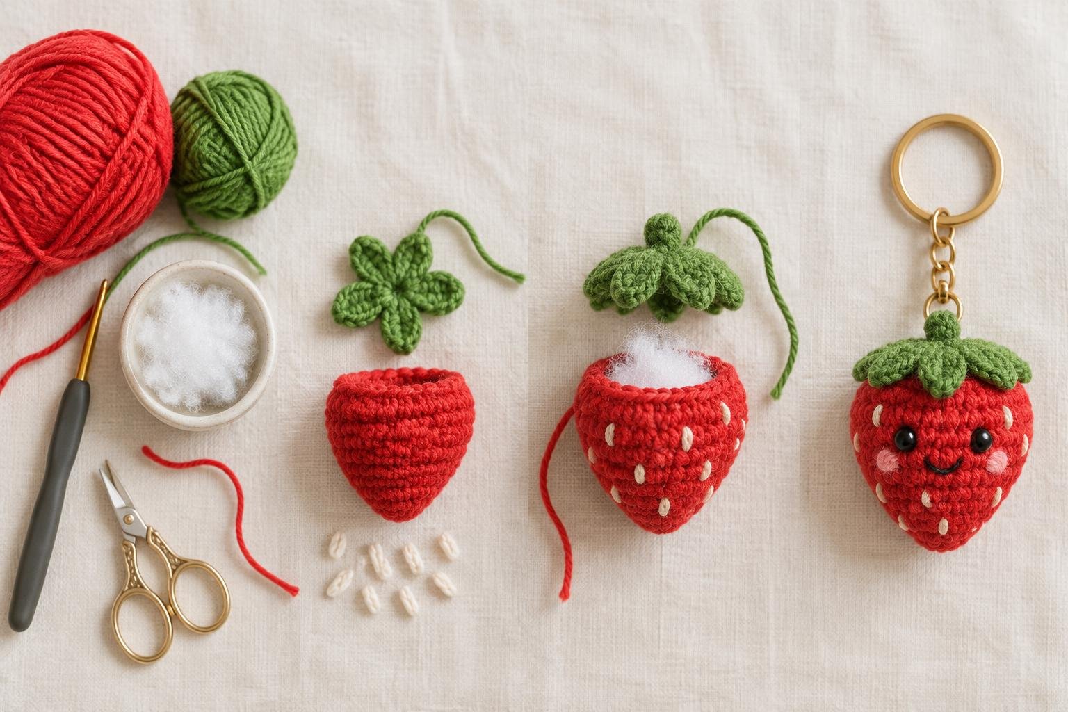 A strawberry crochet keychain shown in four making stages